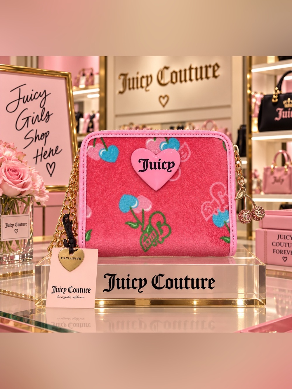 Juicy Couture Pink Floral Heart Zip Wallet with Chain Accent